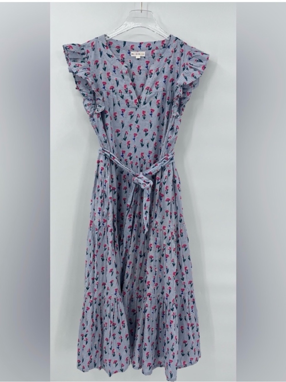 Roller Rabbit Light Blue Floral Midi Dress with Pink & Navy Accents